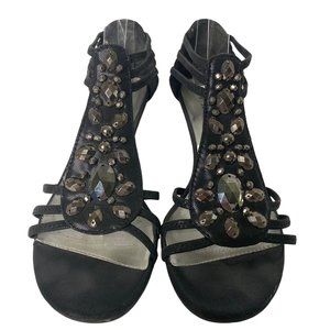 NEW YORK TRANSIT ONYX BLACK BEJEWELLED WEDGE HEEL SANDALS SIZE 7